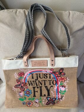 Brighton Fly Away East West Burlap Tote W/ I Just Want To Fly Artwork